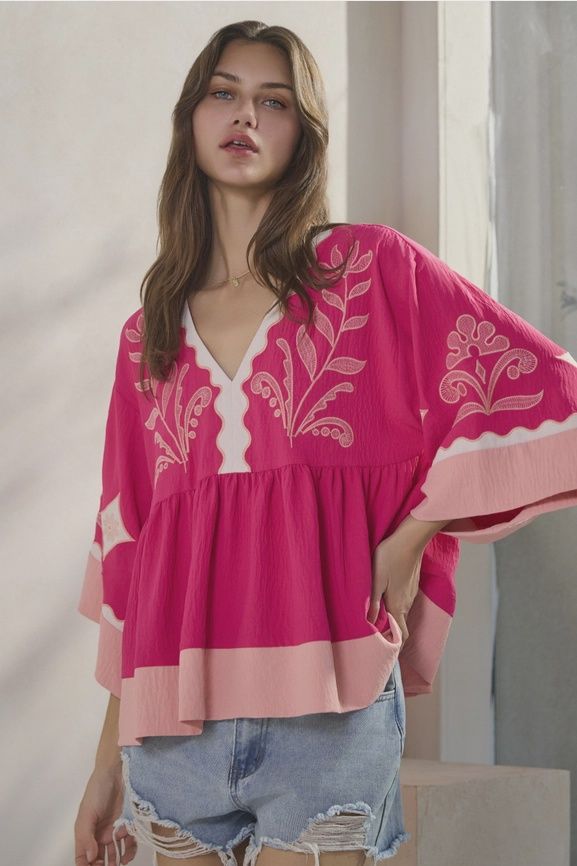 Embroidered Plunge V-Neck Blouse, Size: Small, Colour: Pink