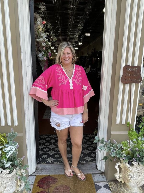 Embroidered Plunge V-Neck Blouse