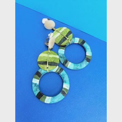Clip On Blue &amp; Olive Dangle Earrings