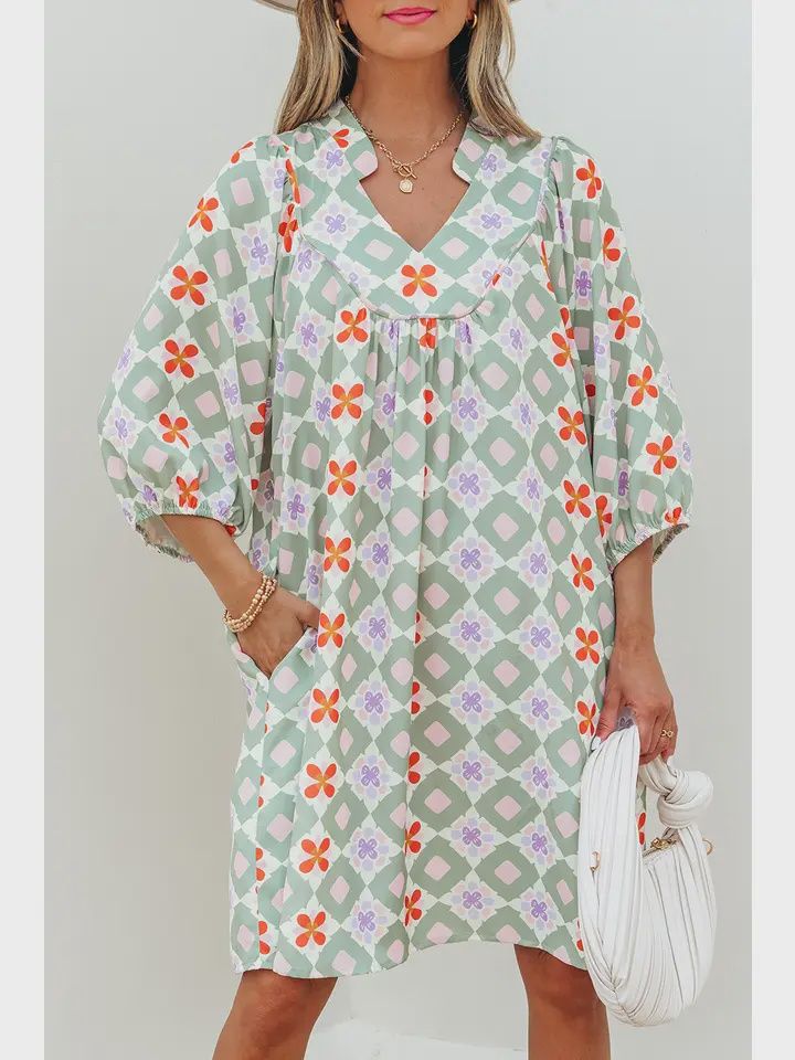 Geometric Floral Print Notched Neck Mini Dress