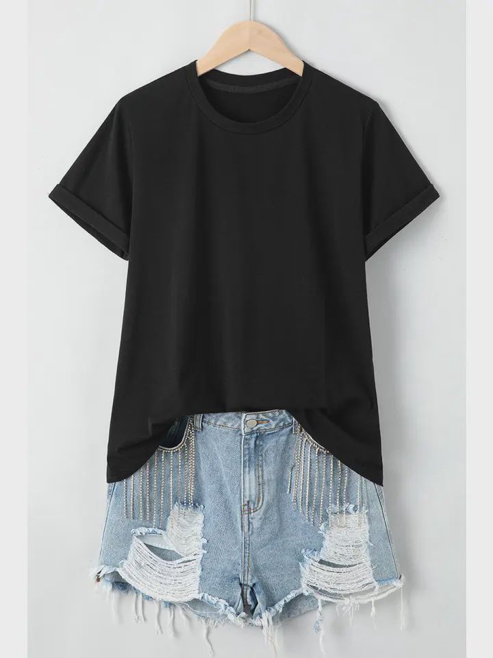 Casual Plain Crew Neck Short Sleeve T-Shirt, Size: Small, Colour: Black