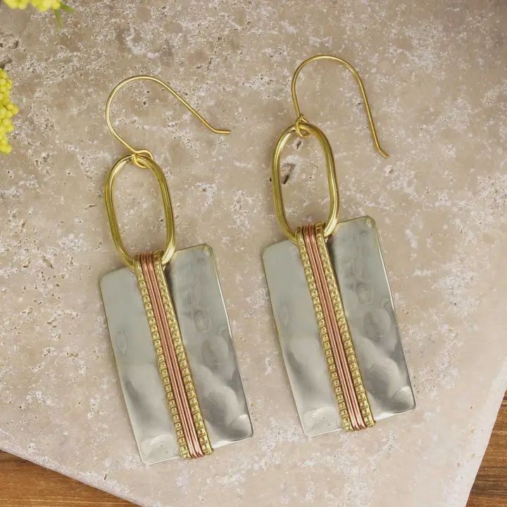 Bold Boho Silver Mixed Metal Bar Earrings
