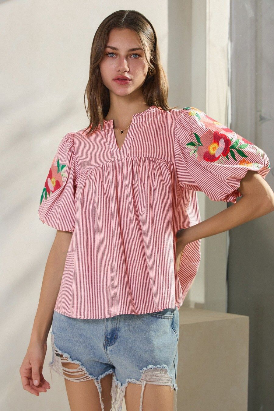 Seersucker Peony Blouse, Colour: Red, Size: Small