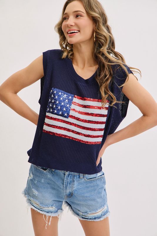 American Flag Sequin Knit Sweater Top