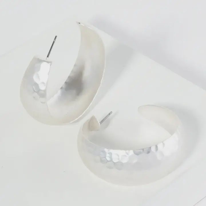 40mm Hammered Matte Silver Chunky Wide Hoop Earrings