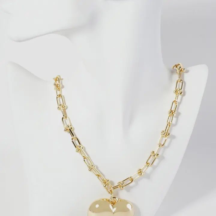 18K Gold-Dipped- Silver Hollow Puffy Heart Pendant Necklace