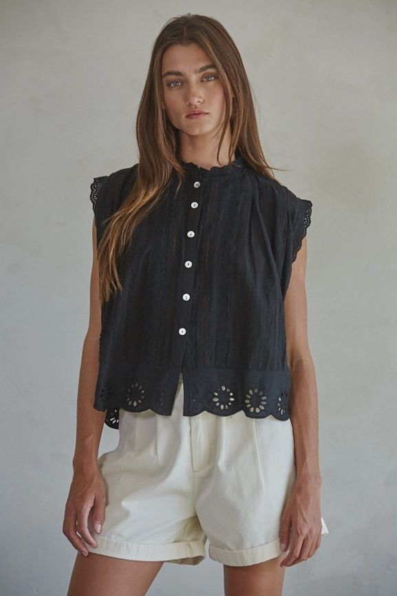 Woven Cotton Eyelet Buttondown Sleeveless Top, Colour: Black Small
