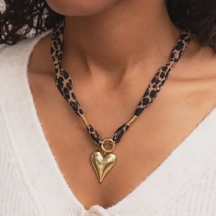 Leopard Scarf Gold Heart Pendant Necklace
