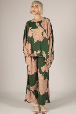 Green &amp; Pink Floral Smocked Flowy Pants