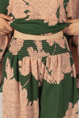 Green &amp; Pink Floral Smocked Flowy Pants