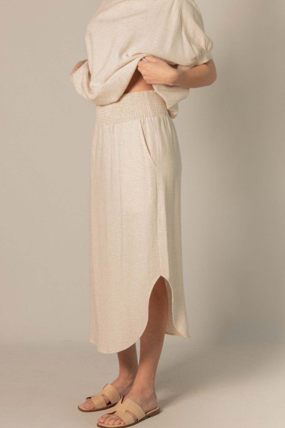 Natural Linen Smocked Midi Skirt