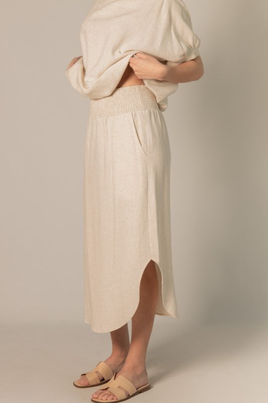 Natural Linen Smocked Midi Skirt