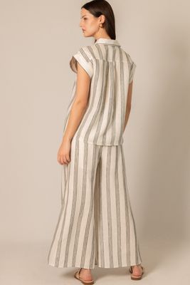Stripe Printed Linen Cap Sleeve Button up Shirt