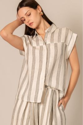 Stripe Printed Linen Cap Sleeve Button up Shirt