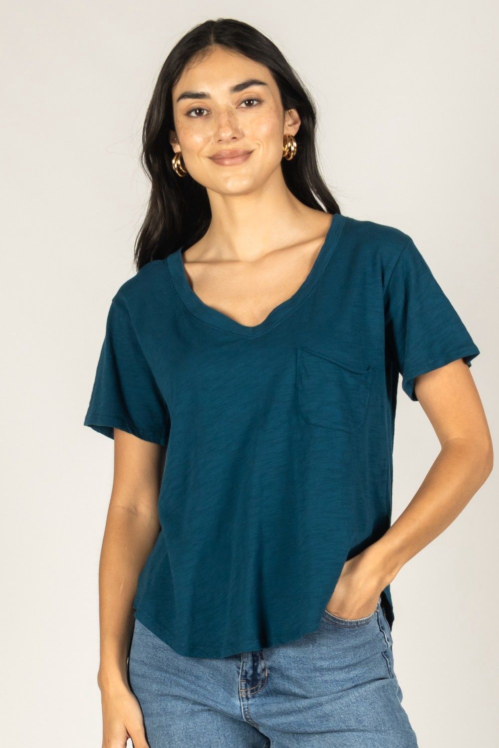Navy Cotton Slub V-Neck Shirt