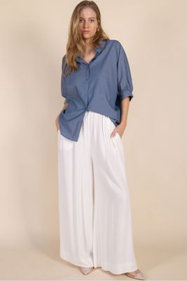 Poplin Denim Button Up Shirt w. 3/4 Sleeve