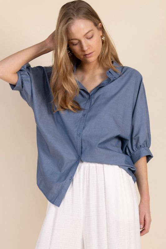 Poplin Denim Button Up Shirt w. 3/4 Sleeve