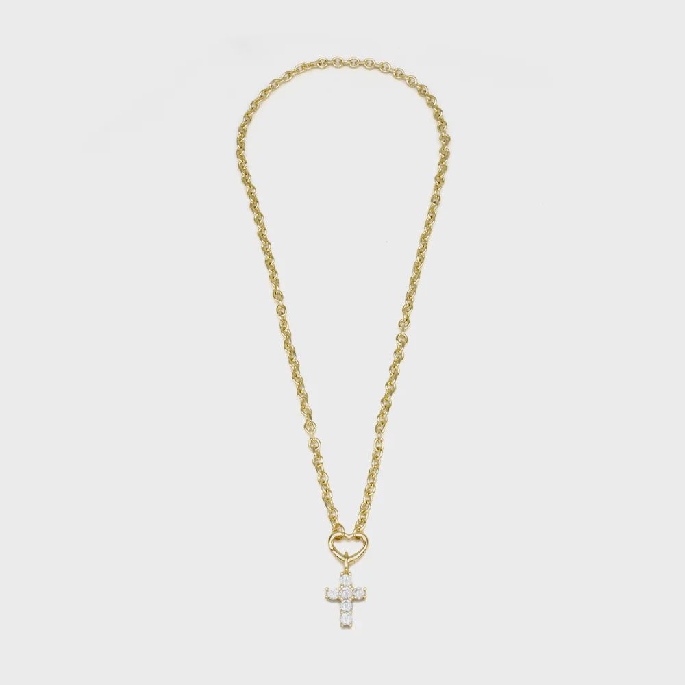 Gold Crystal Cross off Heart Necklace
