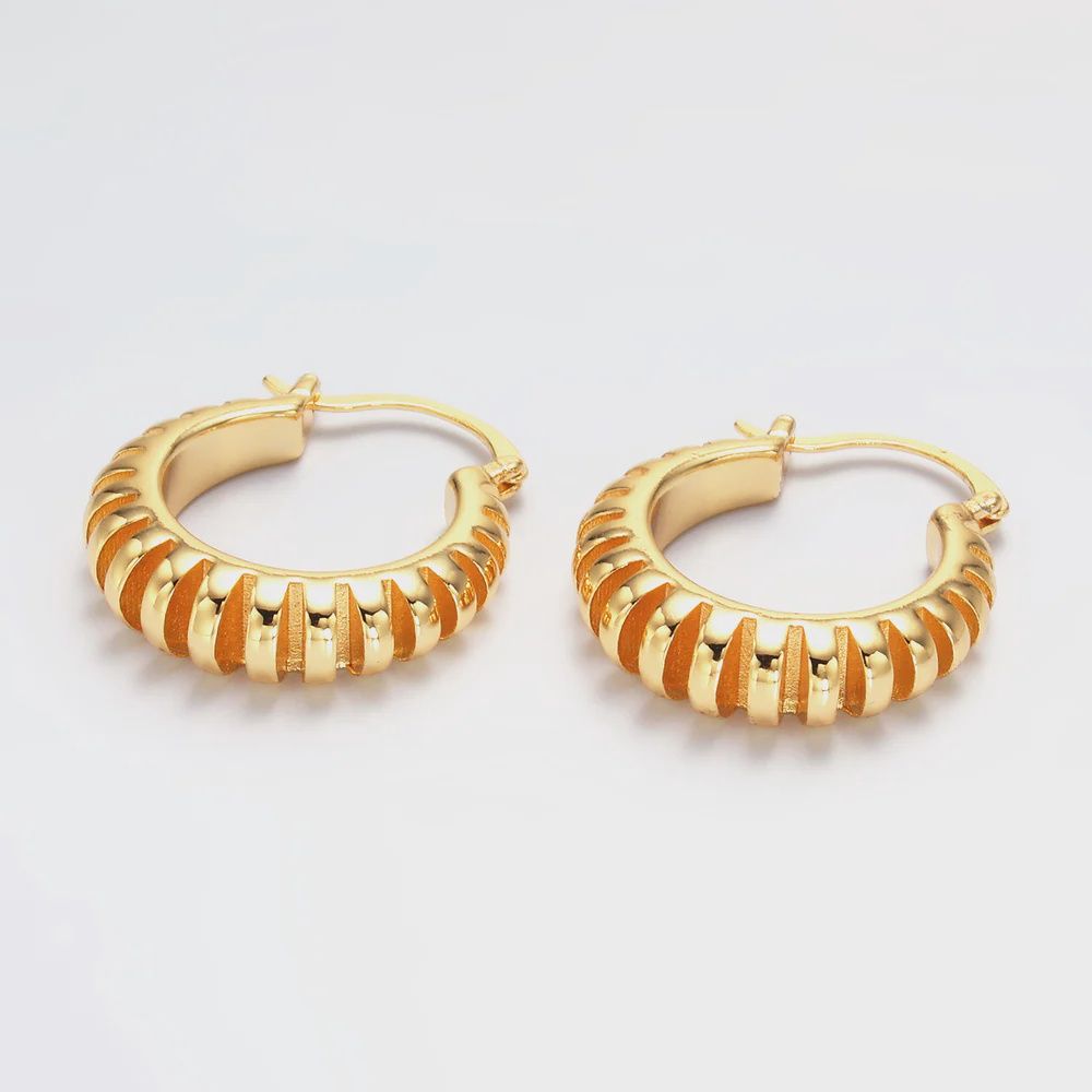 Gold Chunky Modern Tread Latch Hoop Earring