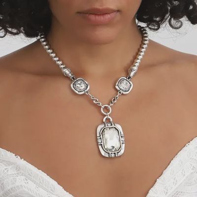 Rectangle Crystal Stone Ball Necklace