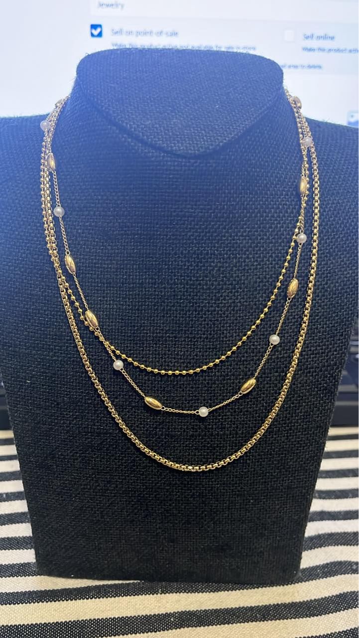 3 Strand Gold Chain Necklace w. Pearl