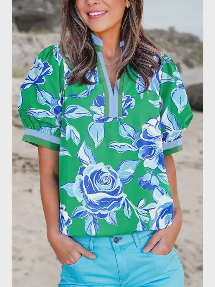 Chic Floral Print V Neck Short Sleeve Blouse