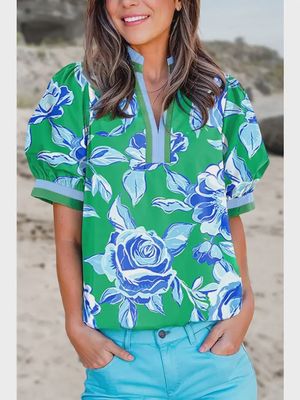 Chic Floral Print V Neck Short Sleeve Blouse