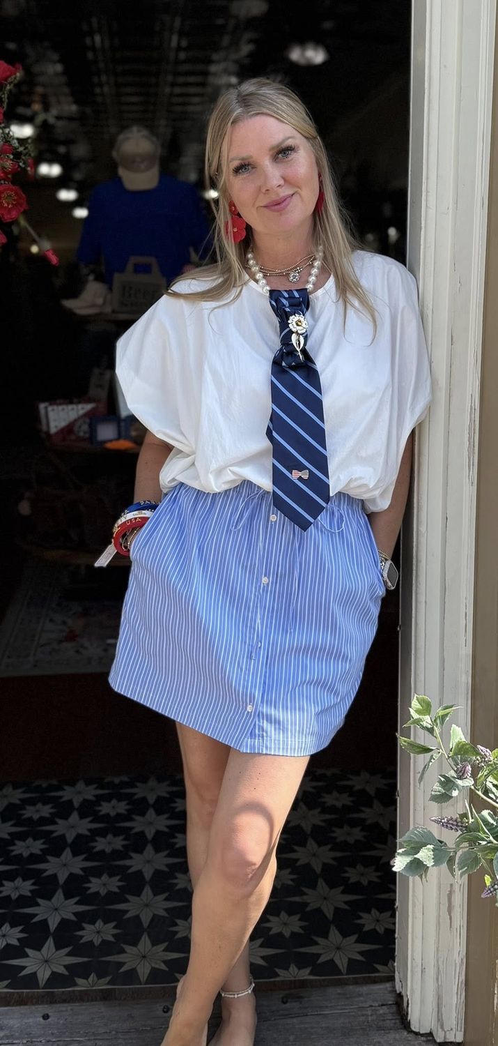 Blue &amp; White Striped Poplin Drawstring Skort