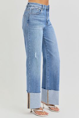 Light High Rise Ankle Wide Cuffed Jeans