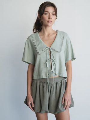 Big Collared Tie Front Blouse