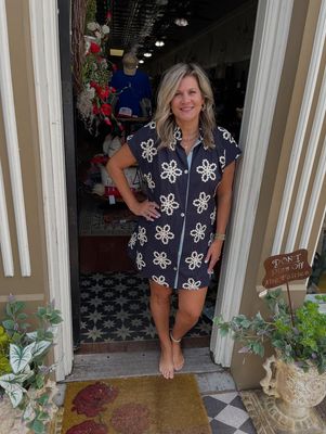 Embroidered Flower Flutter Collar Dress