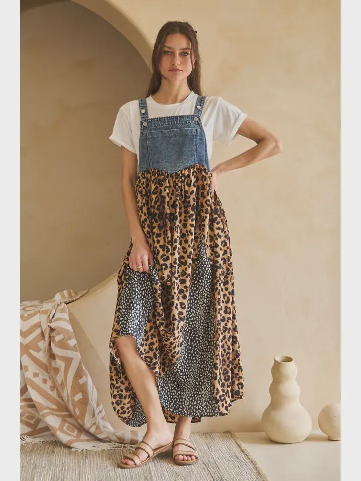 Leopard Skirt Denim Overall Dress