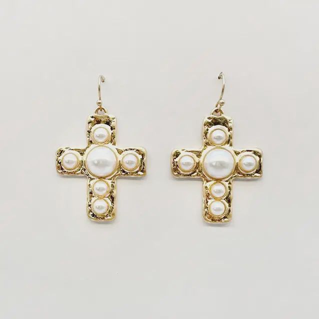 Gold 1.5&quot; Cross w. Pearl Beaded Accent Earrings