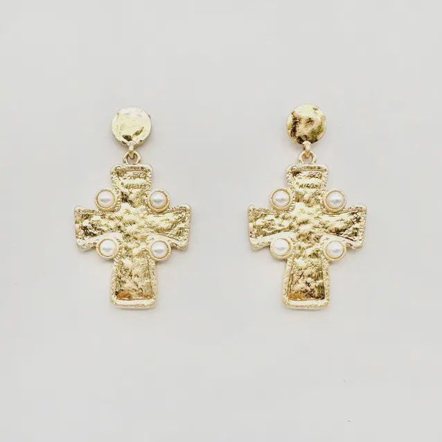 Worn Gold Hammered Cross w. Pearl Accent Earring
