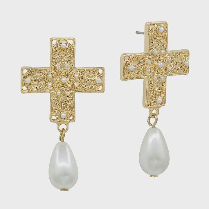 Hammered Gold Cross w. Pearl 1.5&quot; Earring