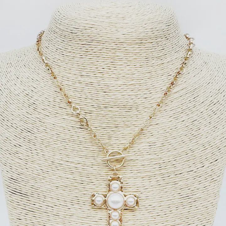 Gold Cross-6 Pearl Little Circle Chain 18&quot; Necklace