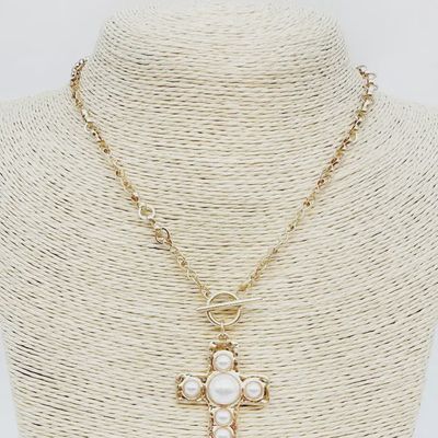 Gold Cross-6 Pearl Little Circle Chain 18&quot; Necklace