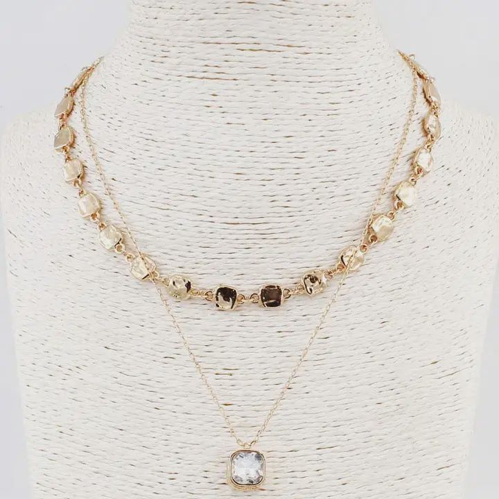 2 Layer hammered Squares w. Clear Crystal 16-18&quot; Necklace