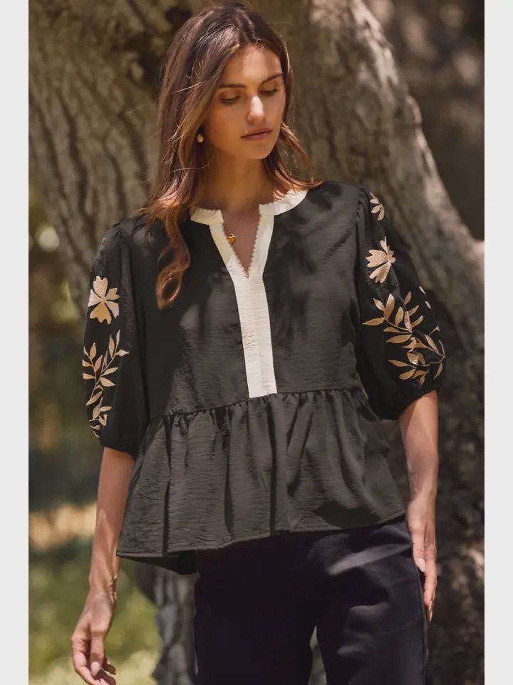 Embroidered Vine Sleeve Blouse