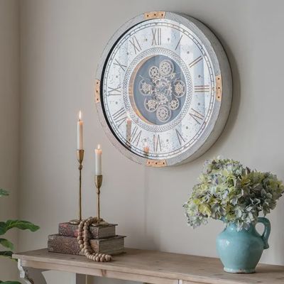 Round Gear Clock with Distressed White Finish