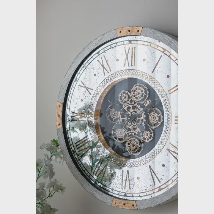 Round Gear Clock with Distressed White Finish