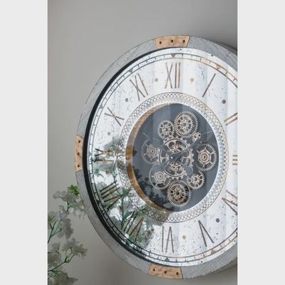 Round Gear Clock with Distressed White Finish