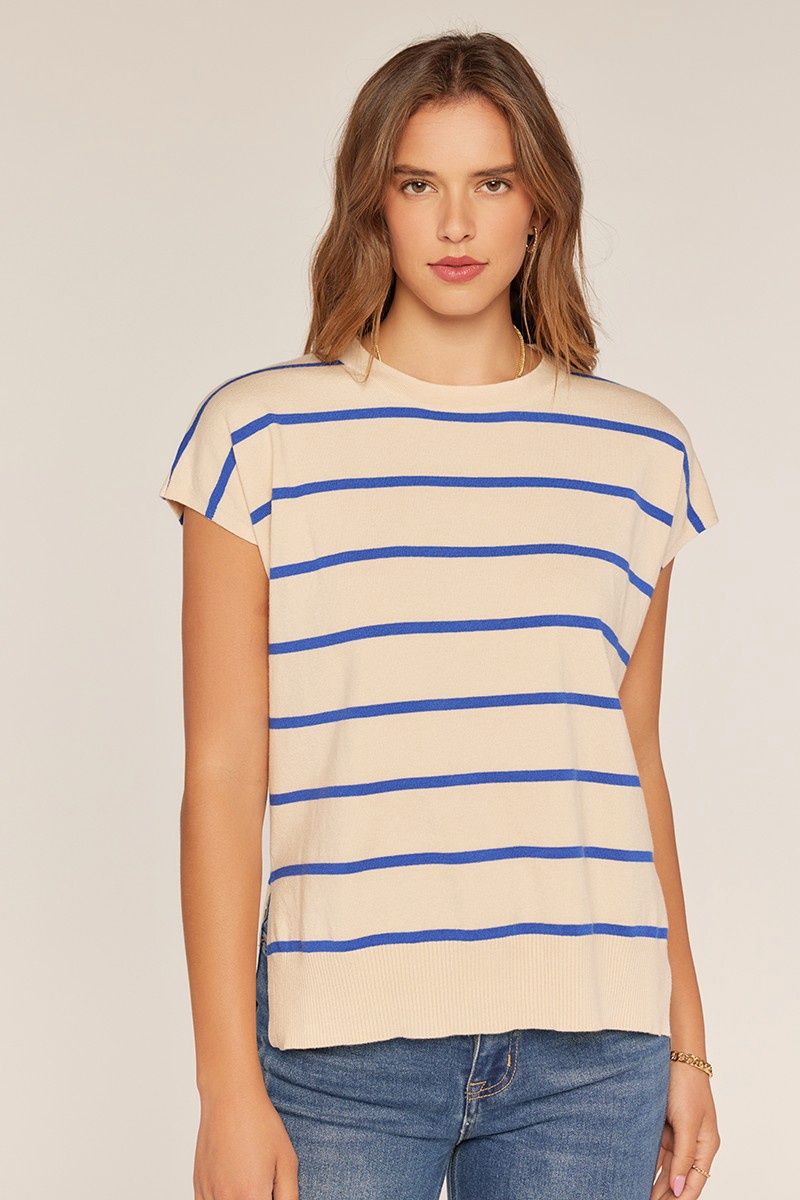 Oatmeal &amp; Blue Stripe Short Sleeve Sweater
