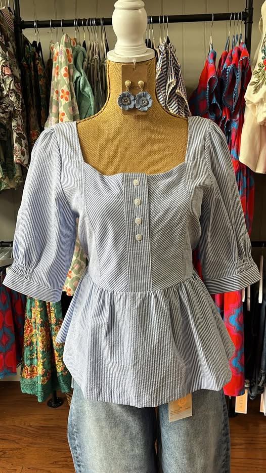 Blue and White Poplin Top
