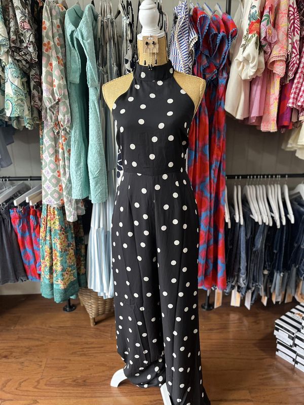 Kaline Polka Dot Backless Halter Jumpsuit
