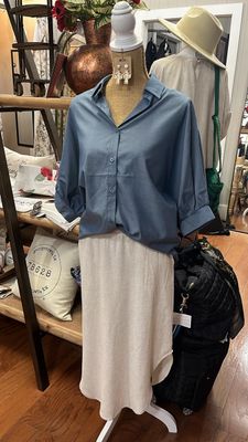 Poplin Denim Button Up Shirt w. 3/4 Sleeve
