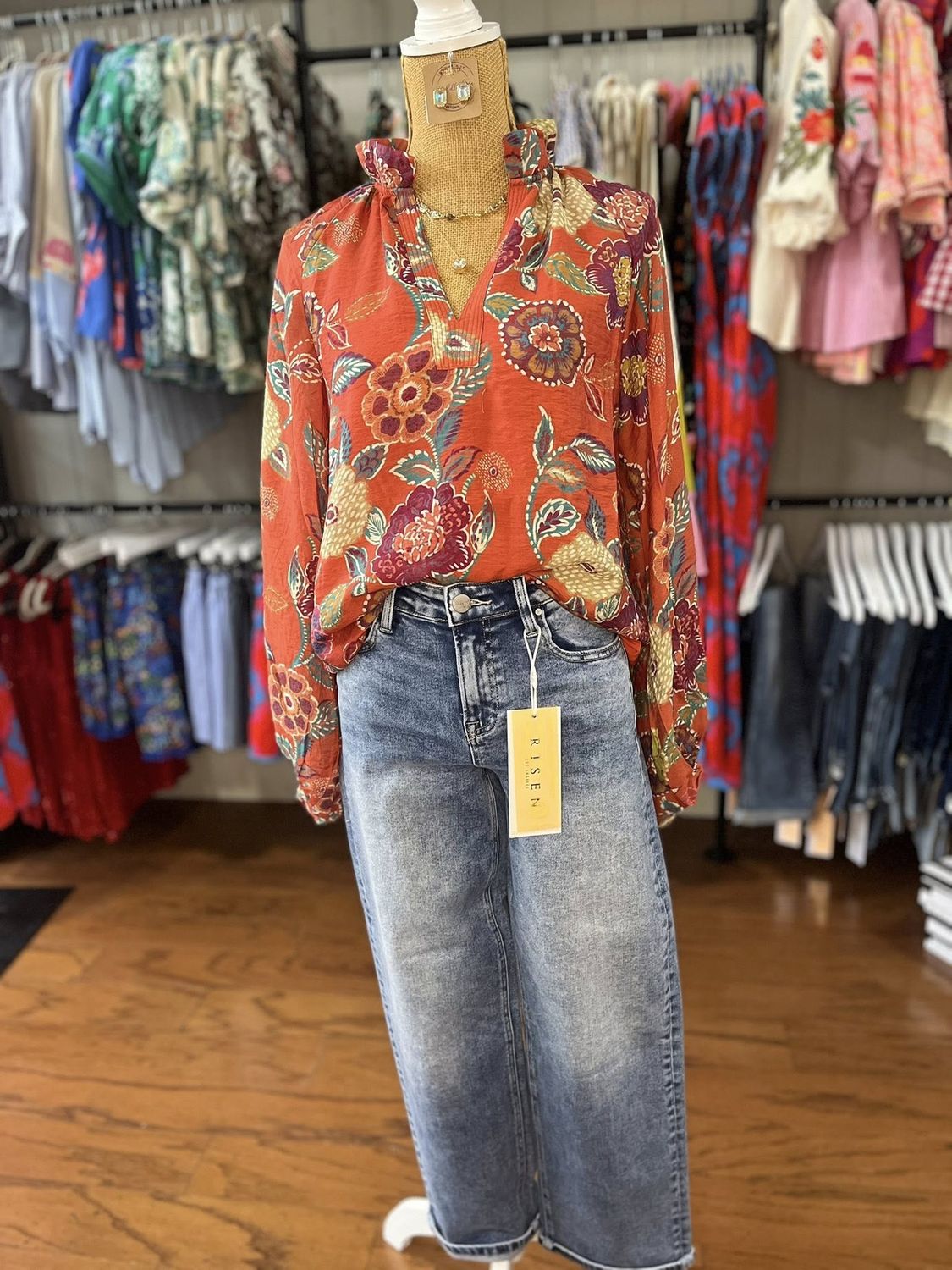 Burnt Orange Floral V-Neck Long Sleeve Blouse