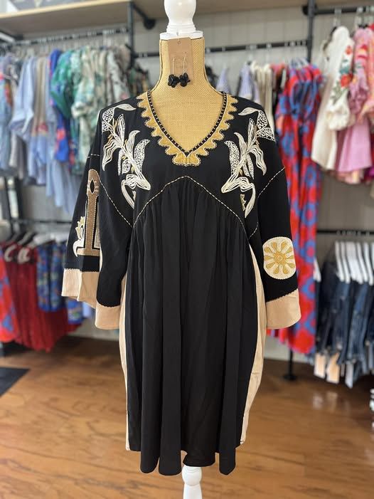 Black Embroidered V Neck Dress