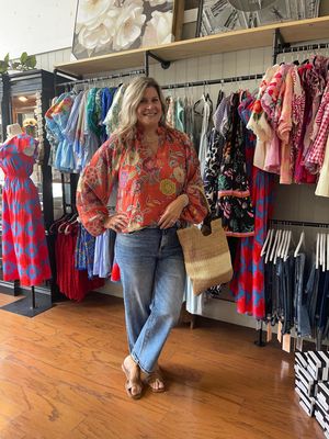 Burnt Orange Floral V-Neck Long Sleeve Blouse
