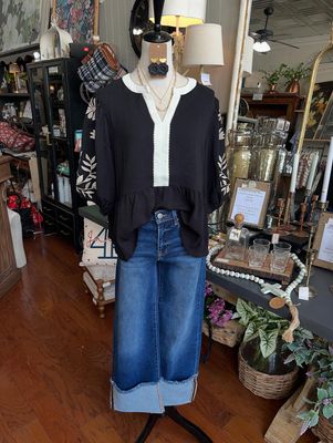 Embroidered Vine Sleeve Blouse